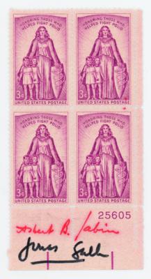 Lot #281 Jonas Salk and Albert Sabin Signed Polio Postage Stamp Block