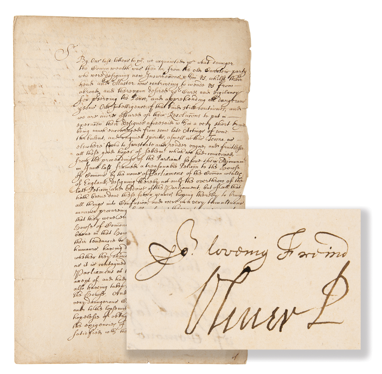 Lot #125 Oliver Cromwell Letter Signed on Dissolving Parliament Amidst Royalist Plot - Image 1