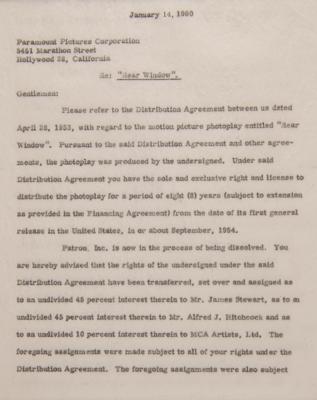 Lot #818 Alfred Hitchcock and James Stewart Signed Film Contract for Rear Window - Image 2