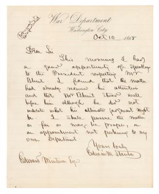 Lot #290 Edwin M. Stanton Autograph Letter Signed