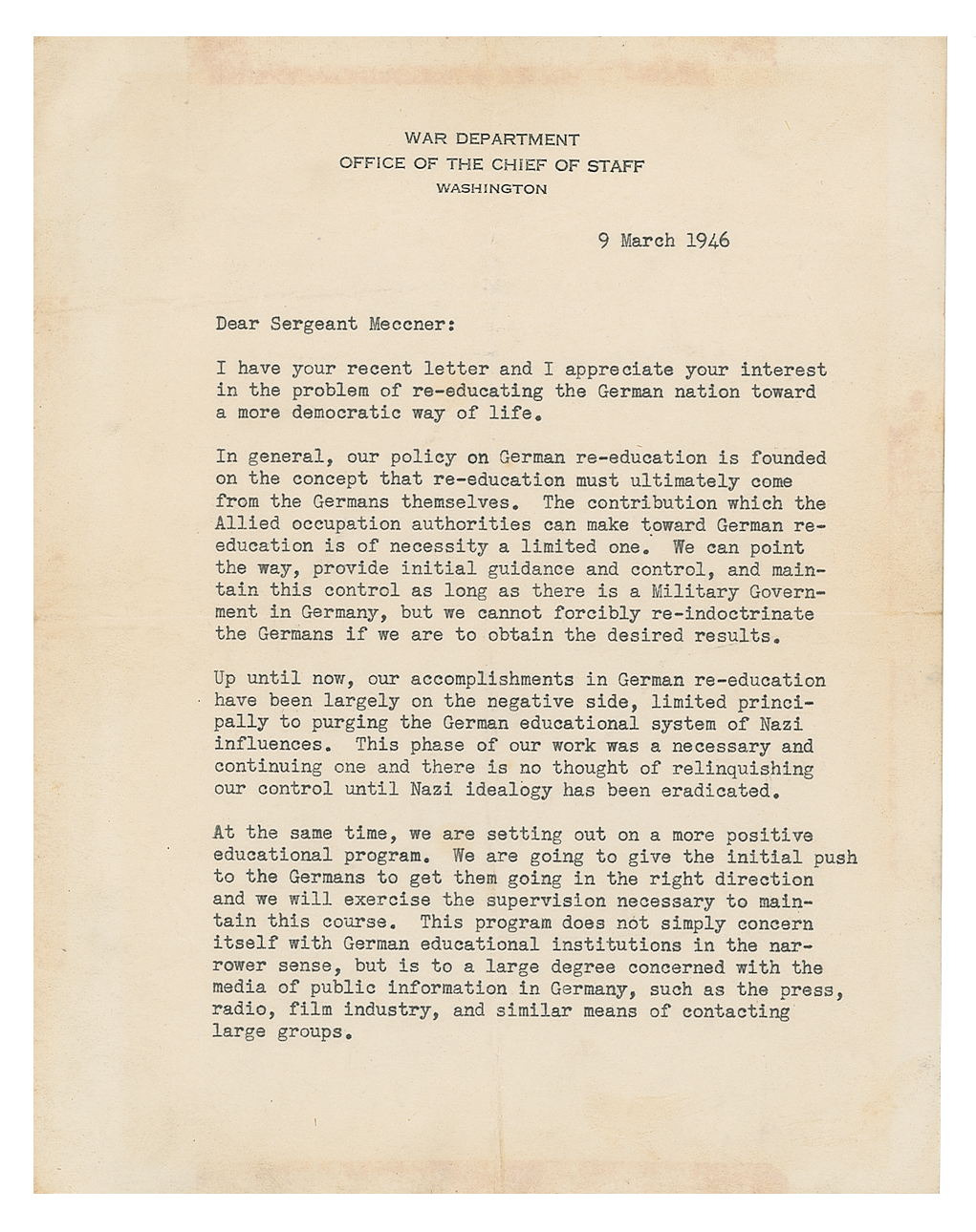 Lot #28 Dwight D. Eisenhower Typed Letter Signed on Re-Educating Postwar Germany: "There is no thought of relinquishing our control until Nazi ideology has been eradicated" - Image 1