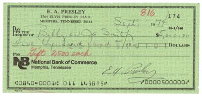 Lot #604 Elvis Presley Gifts a $5000 Check to His First Cousin and Right-Hand Man