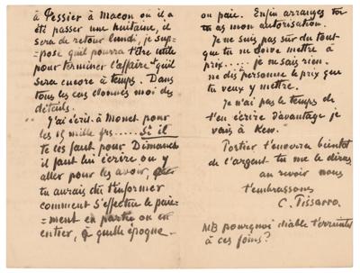 Lot #464 Camille Pissarro Autograph Letter Signed to His Wife - Image 2