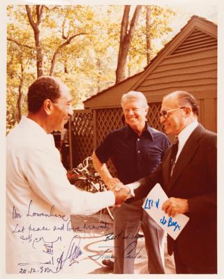 Lot #122 Jimmy Carter, Menachem Begin, and Anwar Sadat Signed Photograph from the 1978 Camp David Accords - Image 1