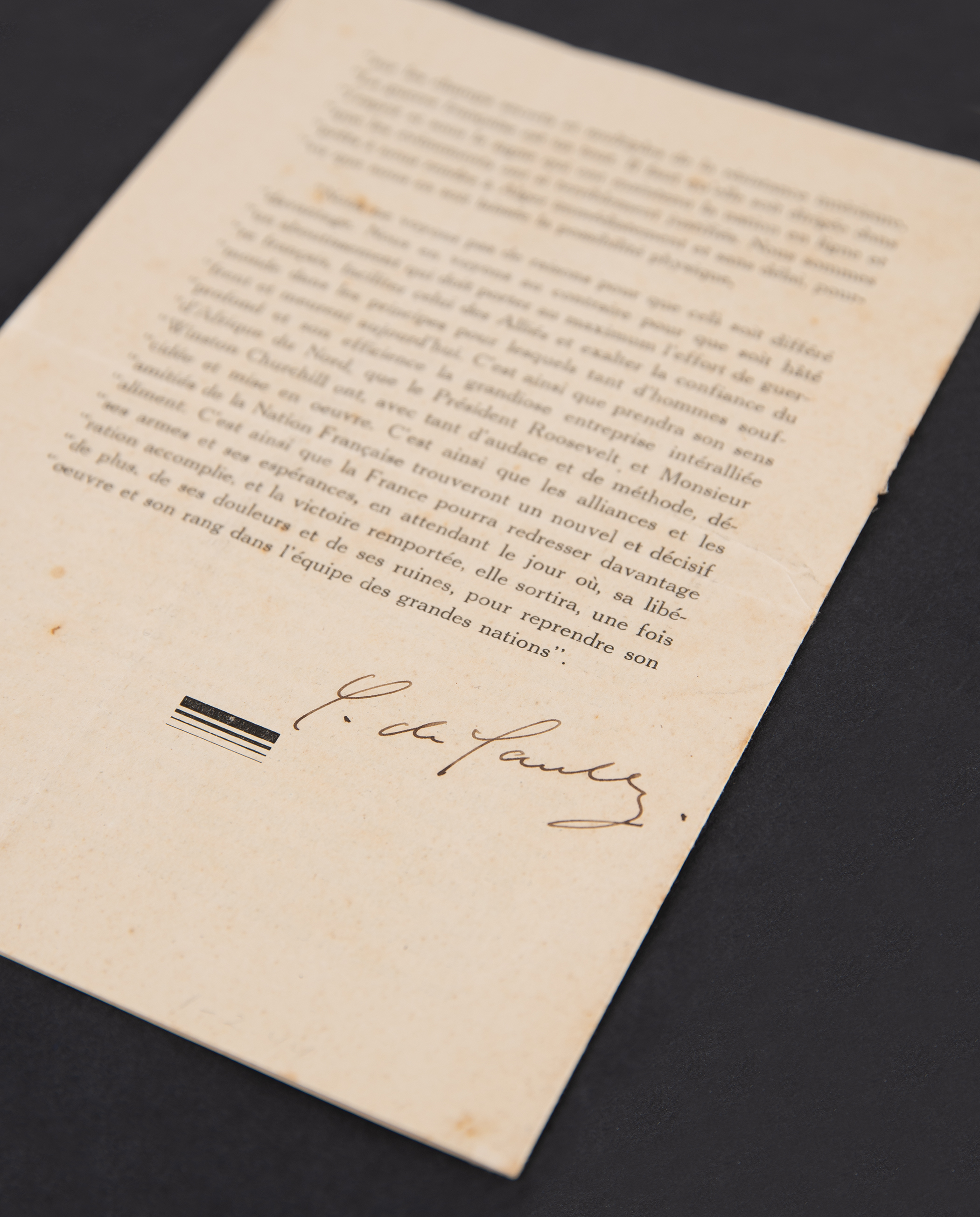Lot #126 Charles de Gaulle Signed Printed Speech on Operation Torch and the Support of Vichy French Forces - Image 1