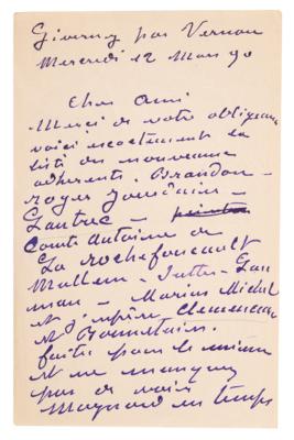 Lot #460 Claude Monet Autograph Letter Signed to a French Art Critic and Champion of the Impressionist Movement