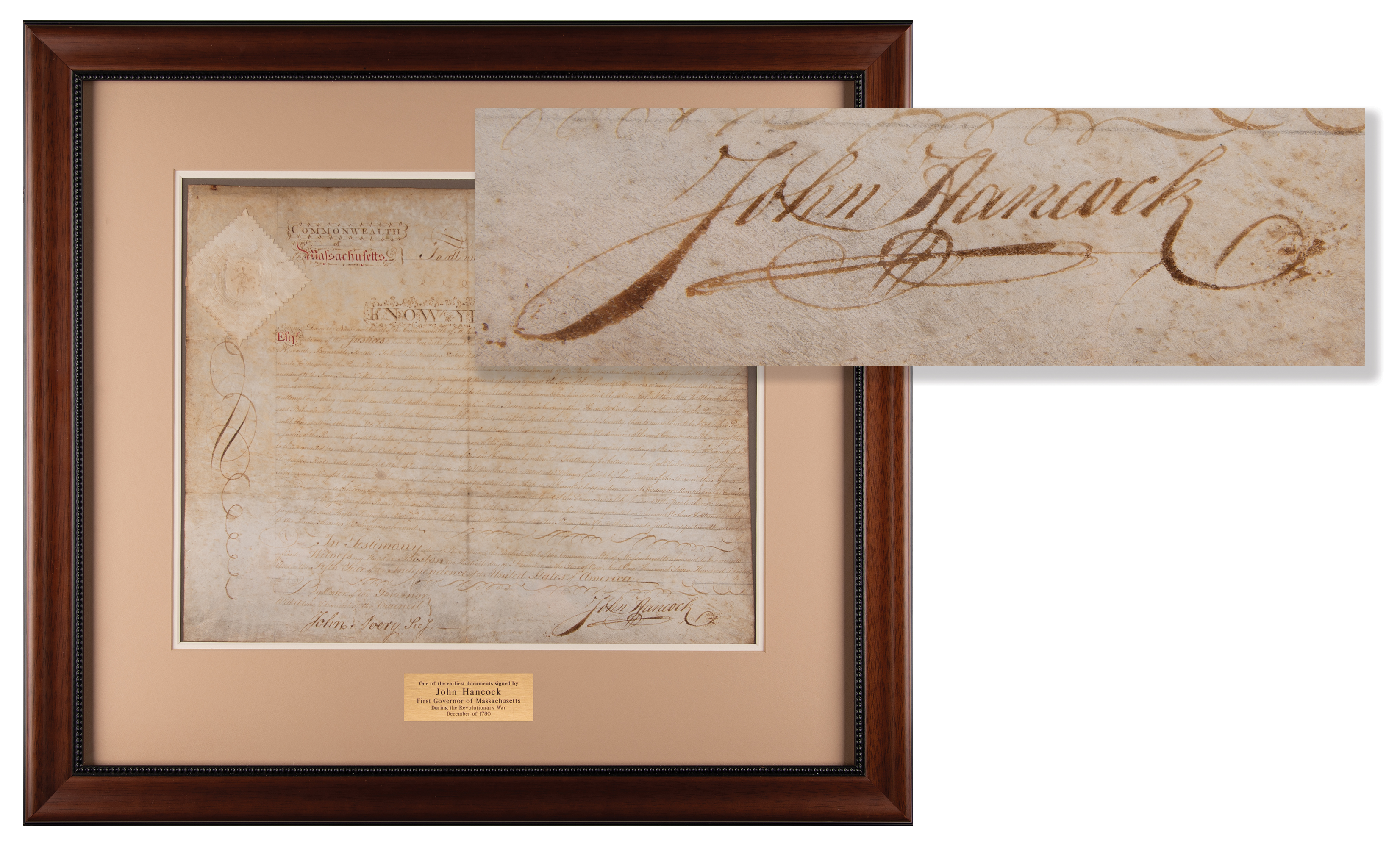 Lot #112 John Hancock Document Signed as Governor of Massachusetts During the Revolutionary War, Appointing a Commonwealth Militia Major General as a Justice of the Peace (1780)
