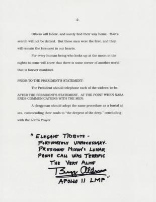 Lot #7089 Buzz Aldrin and William Safire Signed Apollo 11 'In Event of Moon Disaster' Souvenir Typescript Speech - Image 2