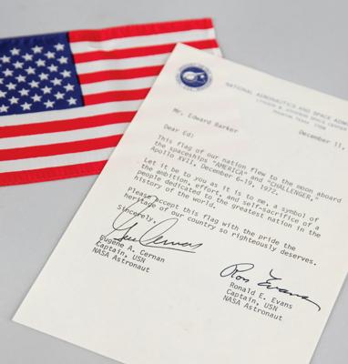 Lot #7205 Apollo 17 Lunar Surface Flown American Flag with Flight-Certified TLS from Gene Cernan and Ron Evans