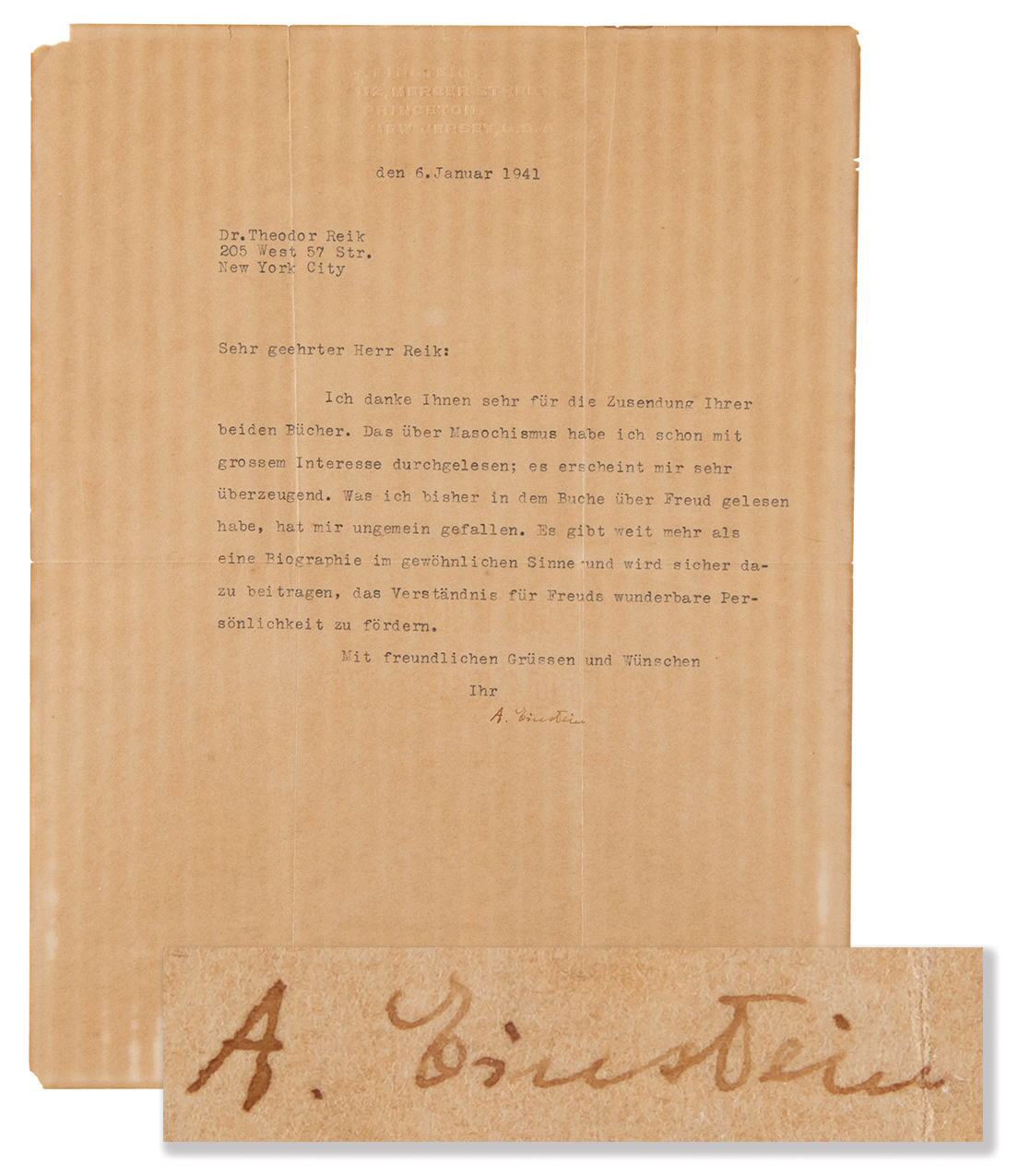 Lot #182 Albert Einstein Typed Letter Signed on Freud - Image 1