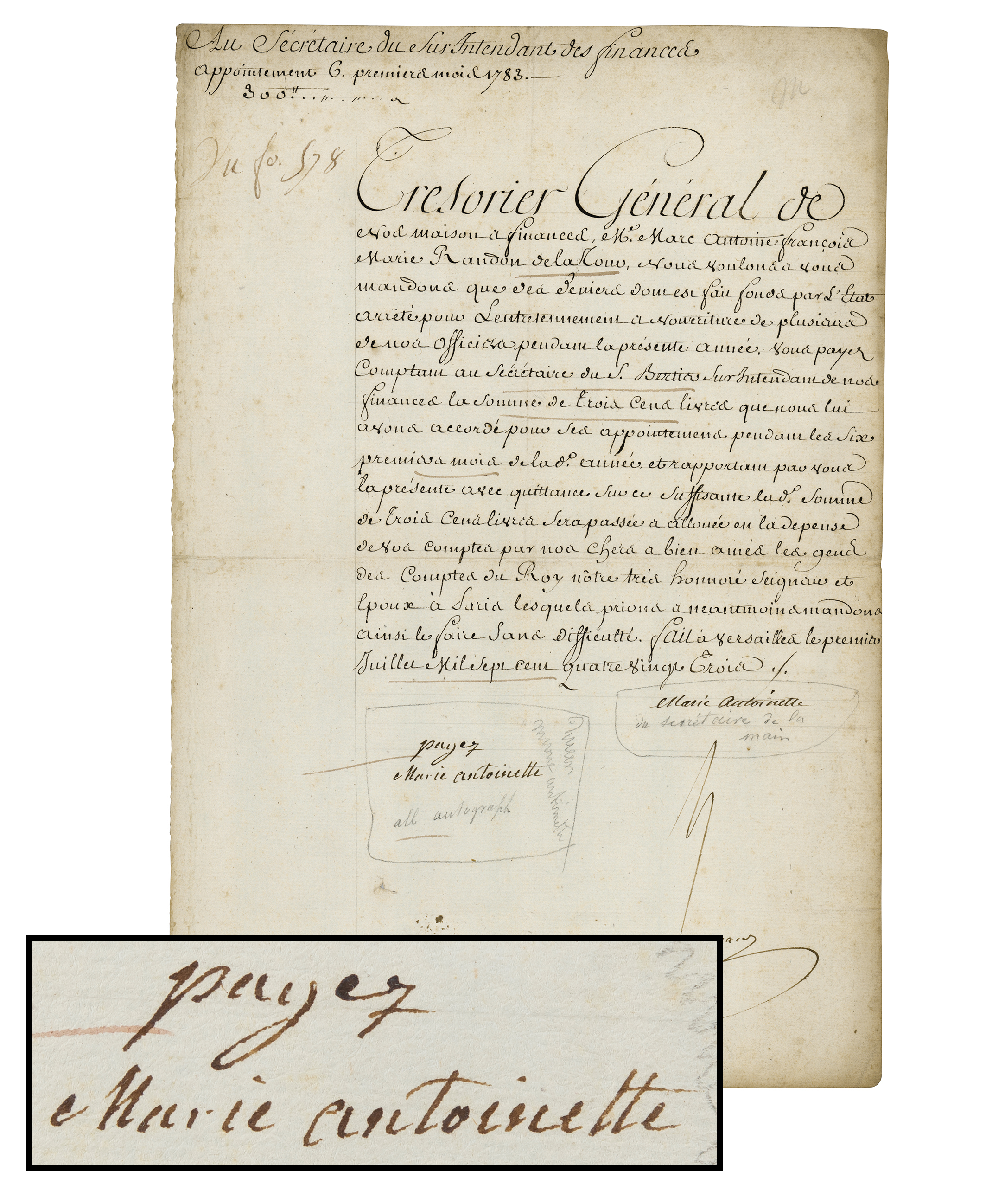 Lot #164 Marie Antoinette Signed Document Issued to the Treasurer General (1783) - Image 1