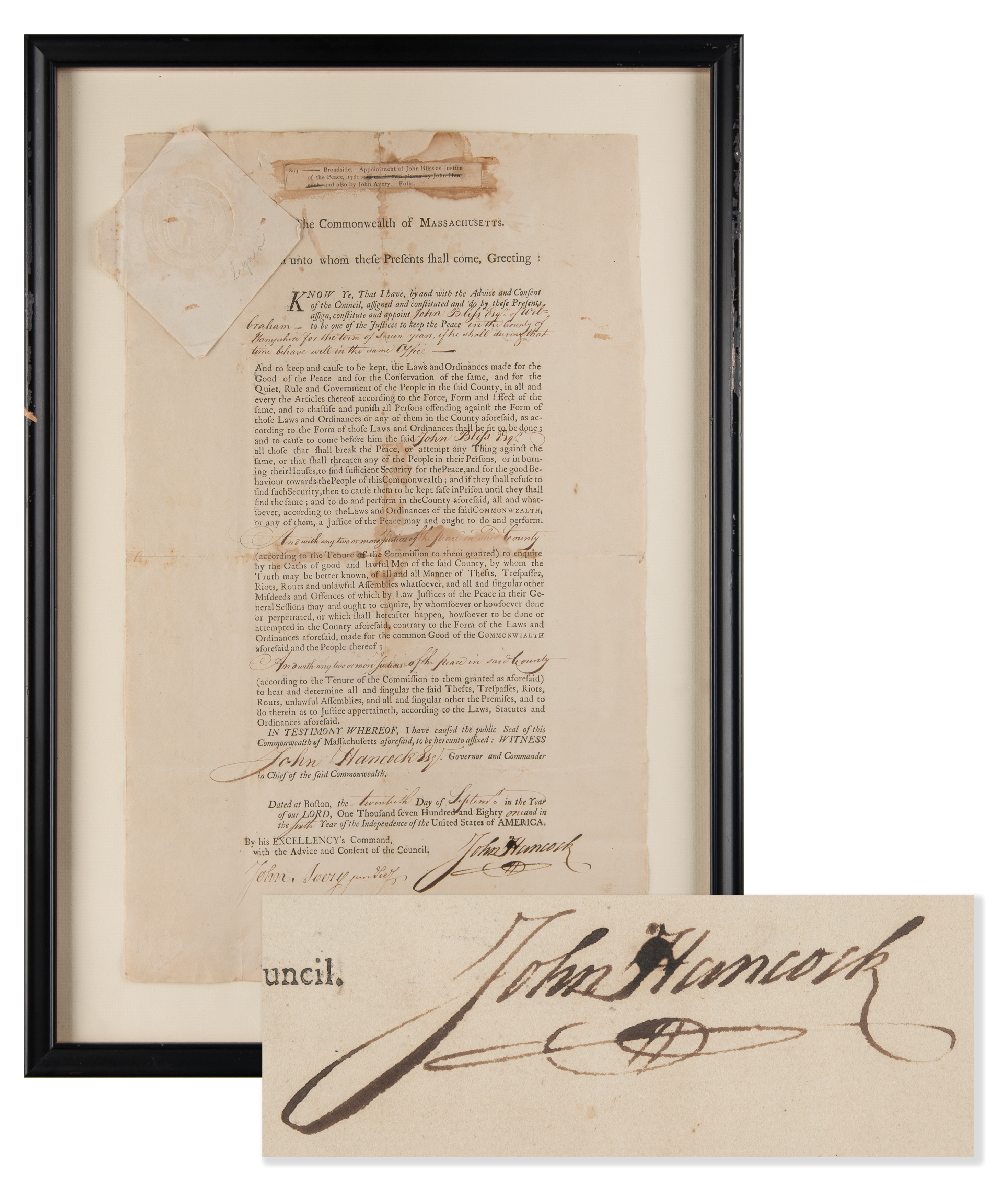 Lot #155 John Hancock War-Dated Document Signed as