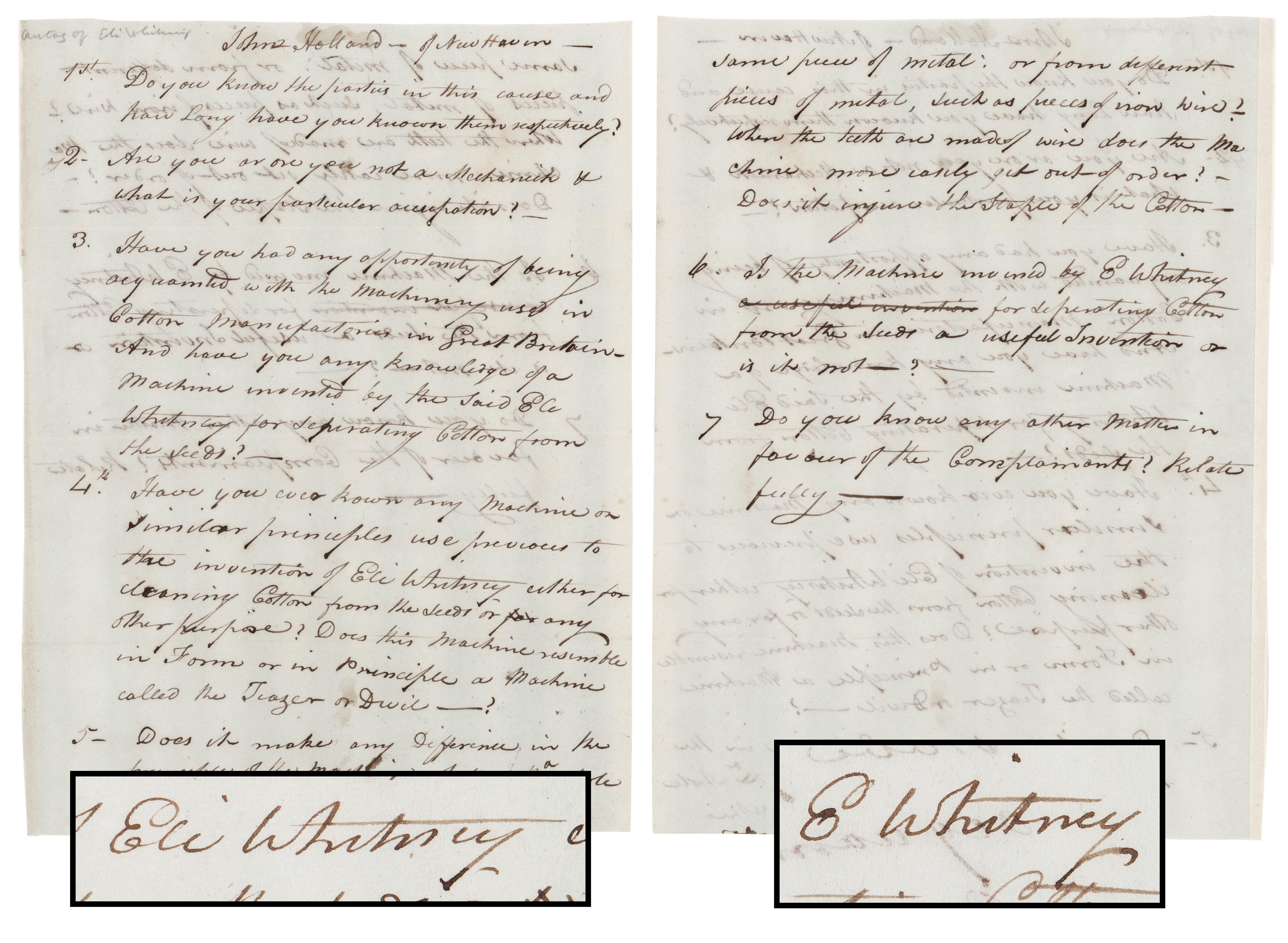 Lot #189 Eli Whitney Autograph Manuscript Signed Three Times on Cotton Gin Patent Lawsuit - Image 1