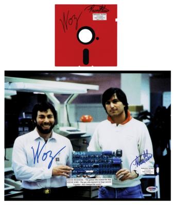 Lot #199 Apple: Steve Wozniak and Ronald Wayne (2) Signed Items - Oversized Photograph and Floppy Disk