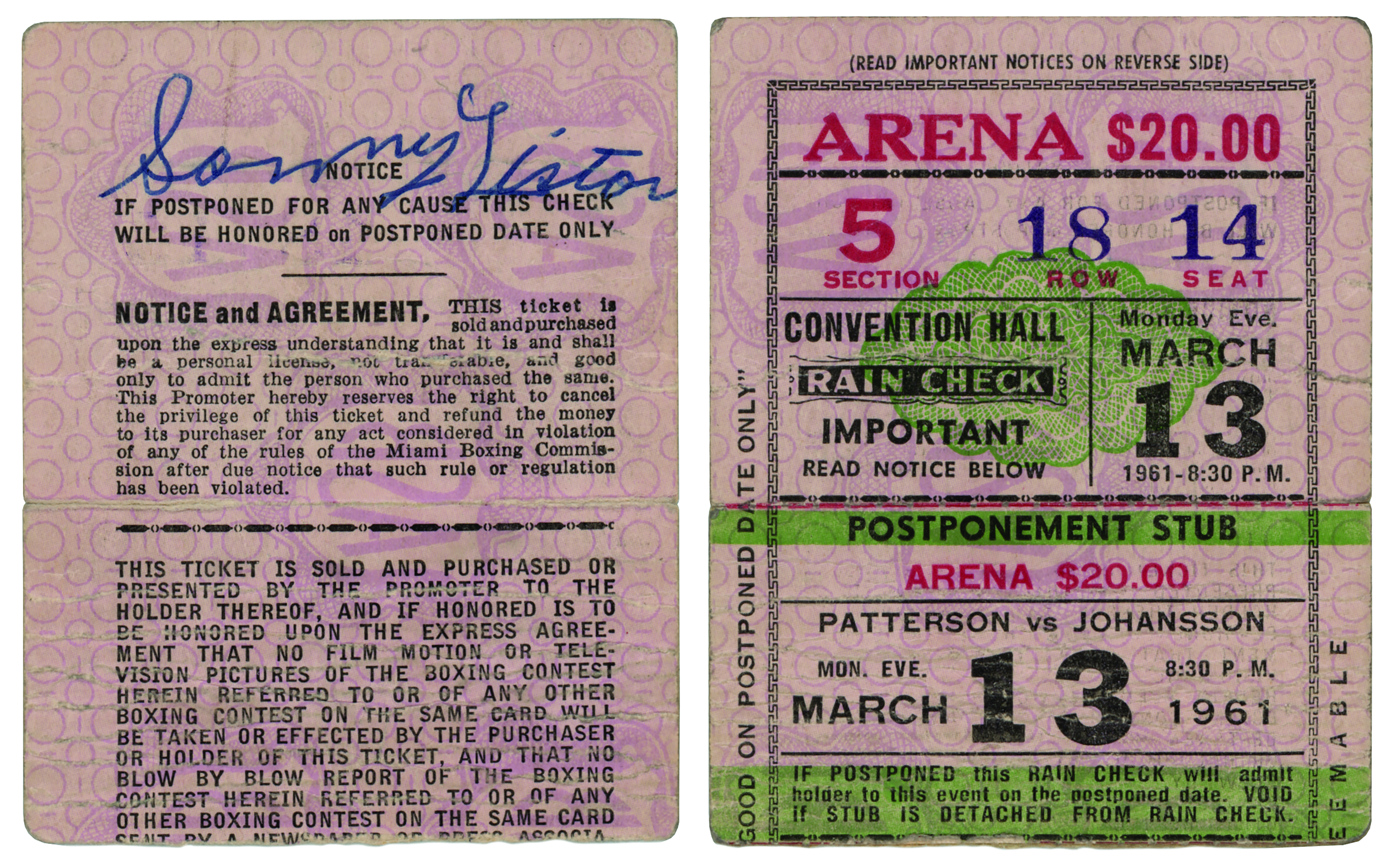 Lot #664 Sonny Liston Signed Ticket Stub for Patterson-Johansson Fight - Image 1