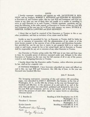 Lot #137 John F. Kennedy: Souvenir Copy of Last Will and Testament Signed by Evelyn Lincoln - Image 1