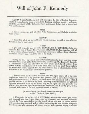 Lot #137 John F. Kennedy: Souvenir Copy of Last Will and Testament Signed by Evelyn Lincoln - Image 2