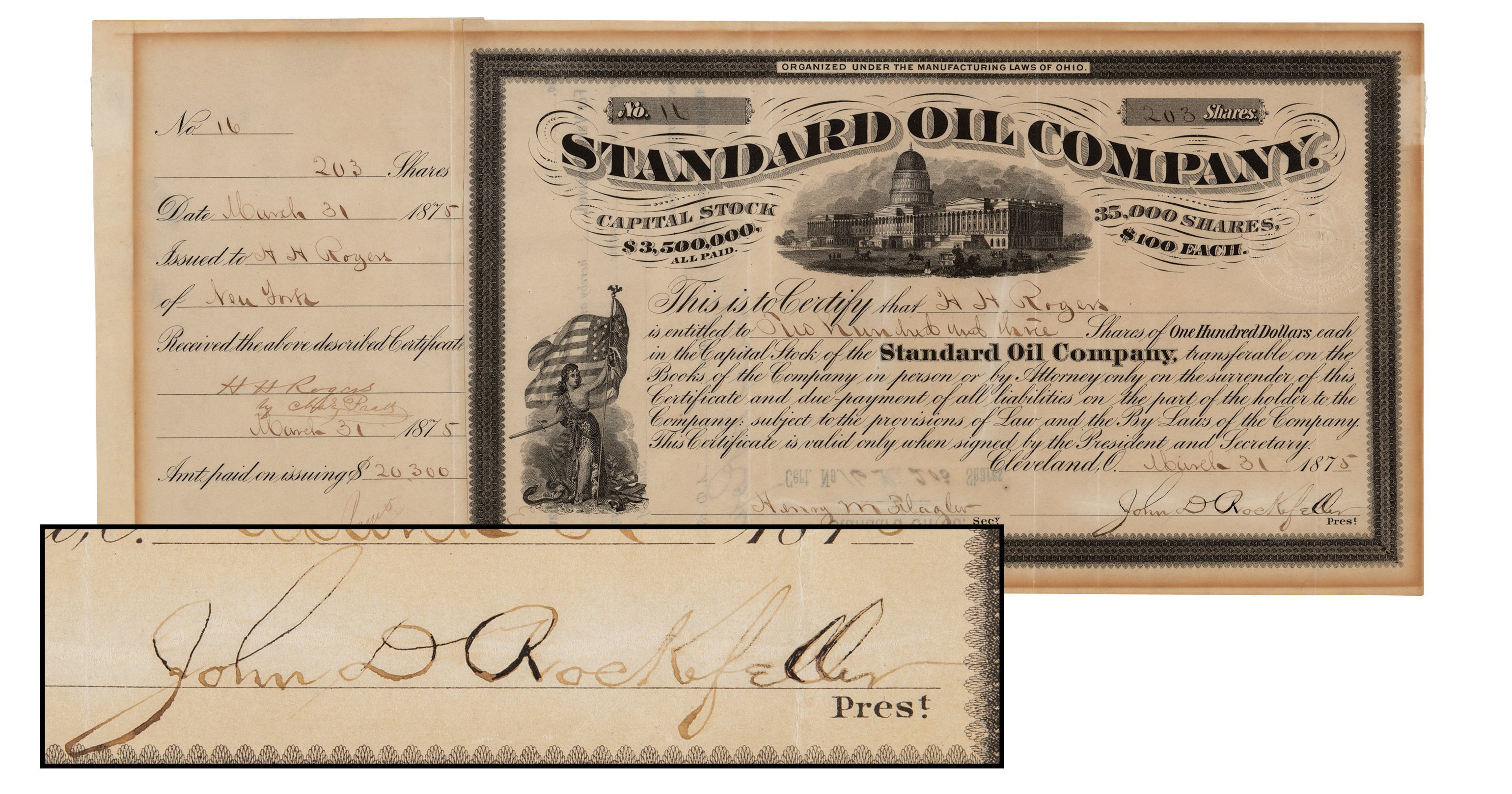 Lot #174 John D. Rockefeller and Henry M. Flagler Signed Standard Oil Stock Certificate Issued to a Senior Executive - Image 1