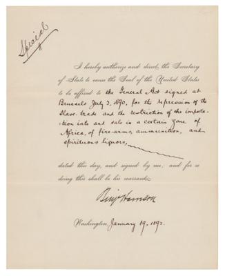Lot #11 President Benjamin Harrison Signed Document on the "repression of the Slave-trade" (Brussels Conference Act of 1890) - Image 1