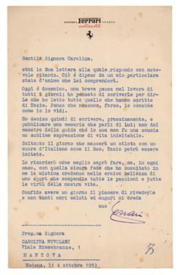 Lot #662 Enzo Ferrari Typed Letter Signed to Tazio Nuvolari's Widow on "a sport that summarizes all the passions and all the virtues of our life" - Image 1