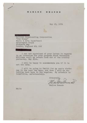 Lot #557 Marlon Brando Typed Letter Signed, Regarding an Interview About Tennessee Williams - Image 1