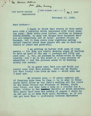 Lot #15 President Franklin D. Roosevelt Letter on Nazi-ism and 'Another crisis in Germany' (February 1938) - Image 1