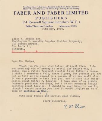 Lot #455 T. S. Eliot Typed Letter Signed