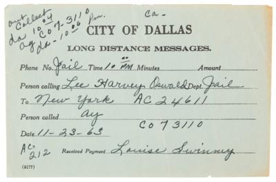 Lot #116 Lee Harvey Oswald Dallas Jail Phone Call Receipt (November 23, 1963) - Image 1