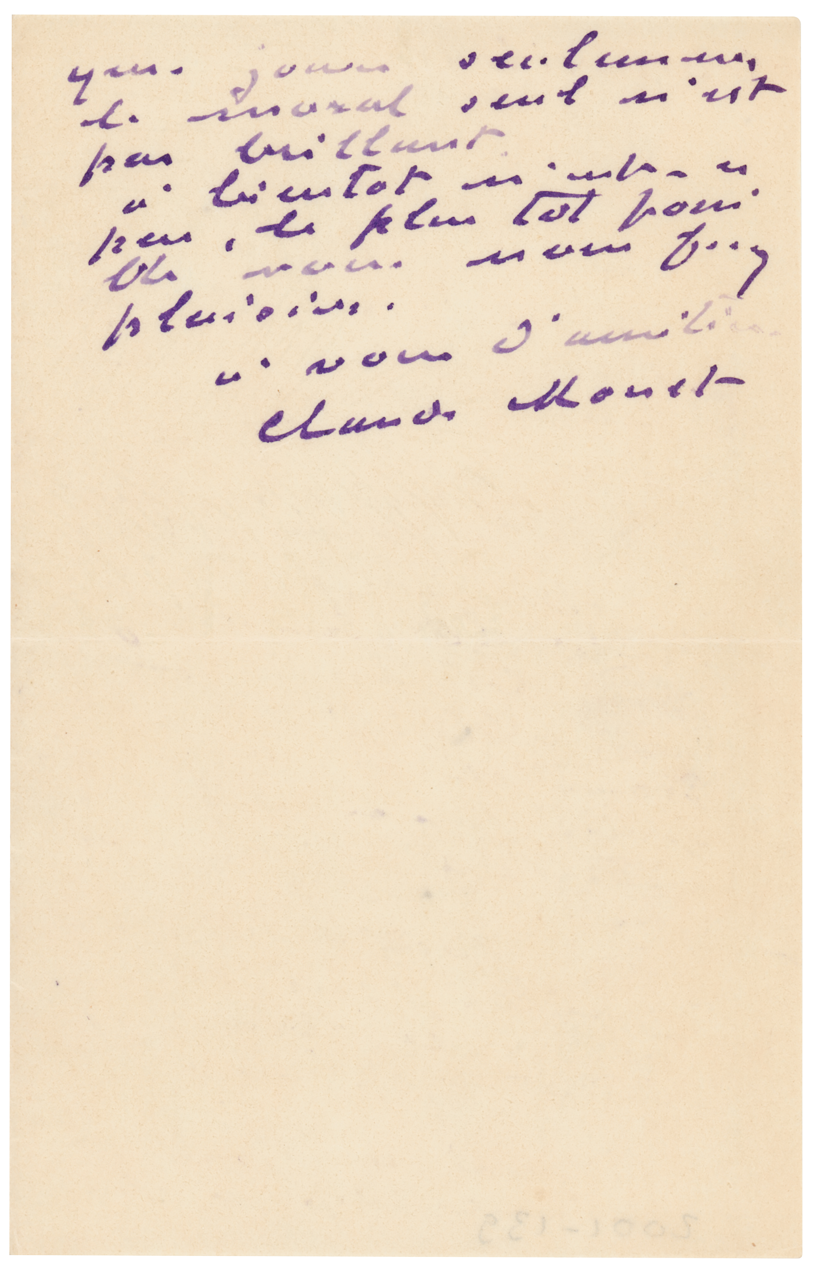 Lot #401 Claude Monet Autograph Letter Signed to a French Art Critic and Champion of the Impressionist Movement - Image 3