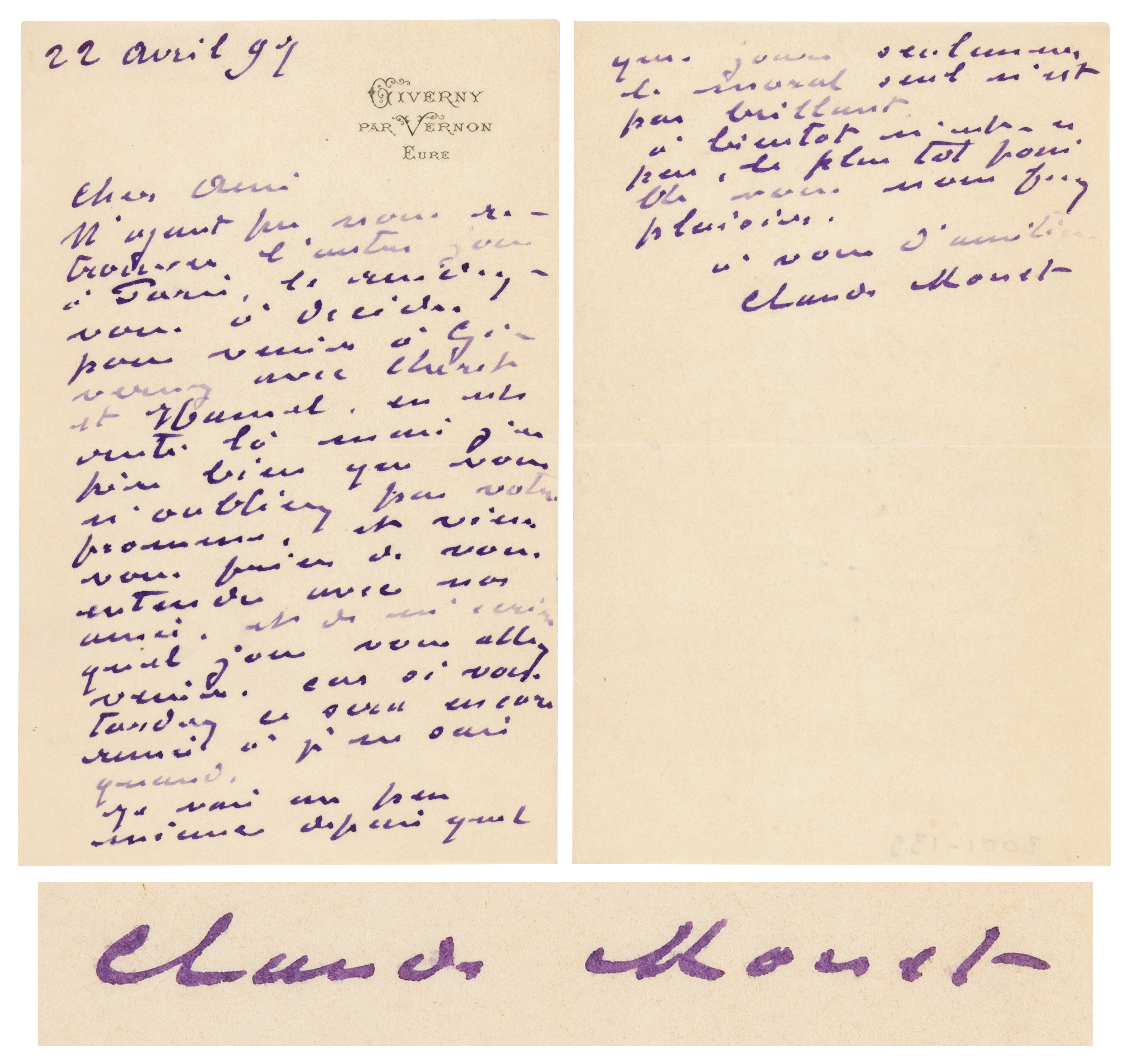 Lot #401 Claude Monet Autograph Letter Signed to a French Art Critic and Champion of the Impressionist Movement - Image 1