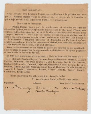 Lot #507 Claude Debussy Twice-Signed Form Letter Supporting the Protection of French Architecture - Image 1