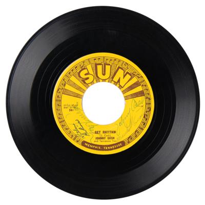 Lot #9130 Johnny Cash and the Tennessee Two Multi-Signed 45 RPM Single Record for 'I Walk the Line / Get Rhythm' (Sun Records) - Image 1