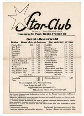 Lot #9026 Beatles 1962 Hamburg Star-Club Rock n’ Twist Parade Drinks Menu (Germany) - Image 1