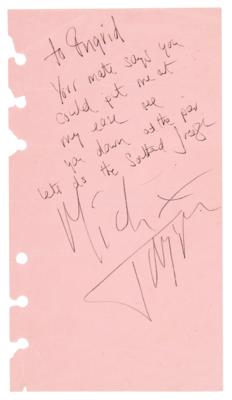 Lot #9072 Mick Jagger Autograph Note Signed to British Singer Ingrid Mansfield-Allman
