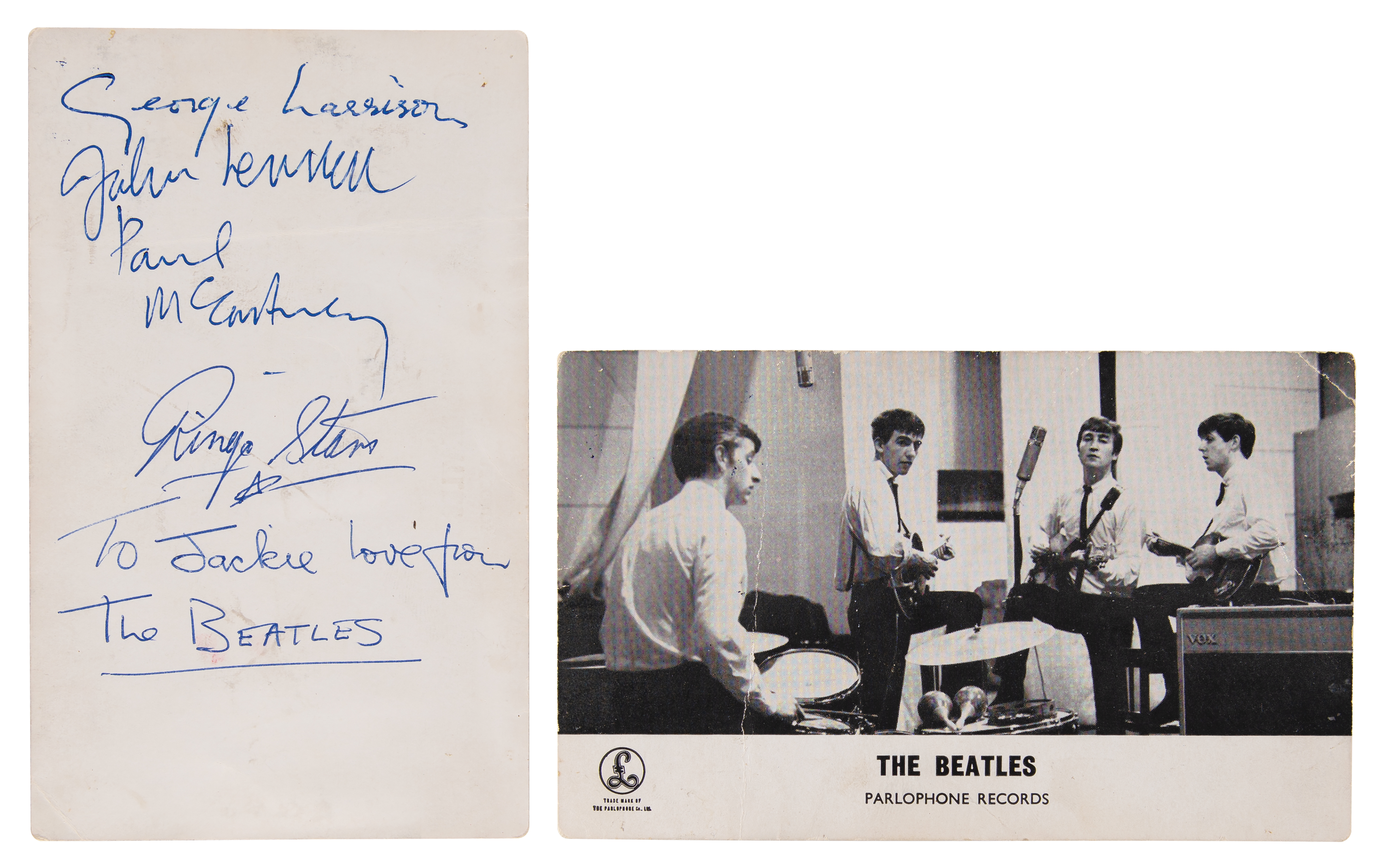 Lot #9002 Beatles Signed 1963 Parlophone Promo Card - the first to show new drummer Ringo Starr