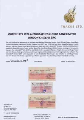 Lot #9106 Queen (3) Business Checks Signed by Each Band Member - Image 2