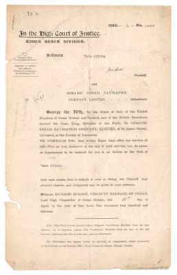 Lot #107 Titanic: Lawsuit Document by Widow Whose Husband Perished “upon the Defendants’ Steamship ‘Titanic’” - Image 1