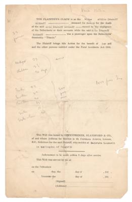 Lot #107 Titanic: Lawsuit Document by Widow Whose Husband Perished “upon the Defendants’ Steamship ‘Titanic’” - Image 2
