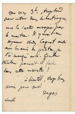 Lot #300 Edgar Degas Autograph Letter Signed Connecting Art and Politics - Image 2