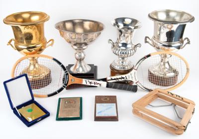 Lot #526 Bjorn Borg Lifetime Award Collection with (20) Trophies and Plaques and (2) Personally-Used and Signed Tennis Racquets - dating from 1969 to 1995