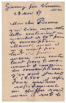 Lot #303 Claude Monet Autograph Letter Signed to Camille Pissarro on Manet's 'Olympia'