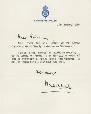 Lot #128 King Charles III Typed Letter Signed to Jimmy Savile on Large Donation - Image 1