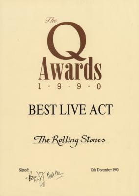 Lot #436 [Rolling Stones] Q Magazine 'Best Live Act' Award Certificate -From the Collection of Bill Wyman - Image 1
