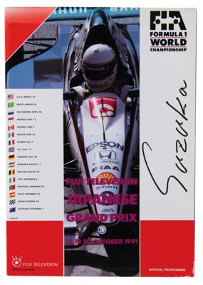 Lot #527 Formula One 1991 Japanese Grand Prix Program Signed by (4) Racing Greats: Ayrton Senna, Michael Schumacher, Alain Prost, and Nelson Piquet