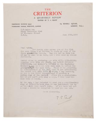 Lot #357 T. S. Eliot Typed Letter Signed on James Joyce's 'Anna Livia Plurabelle'