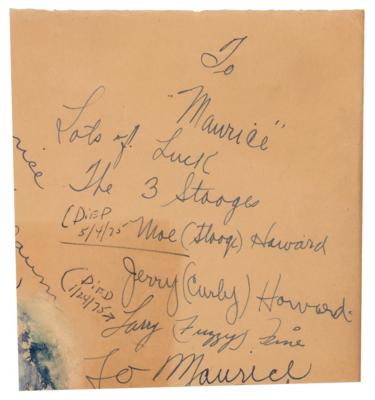Lot #465 Three Stooges Signatures -Moe (Stooge) Howard, Larry (Fuzzy) Fine, and Jerry (Curly) Howard