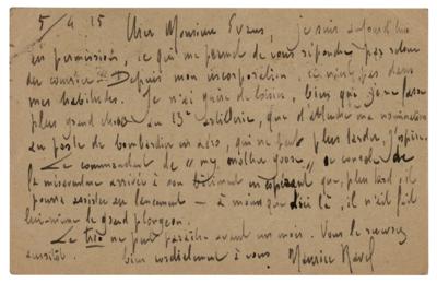 Lot #371 Maurice Ravel Autograph Letter Signed - written while on leave during World War I