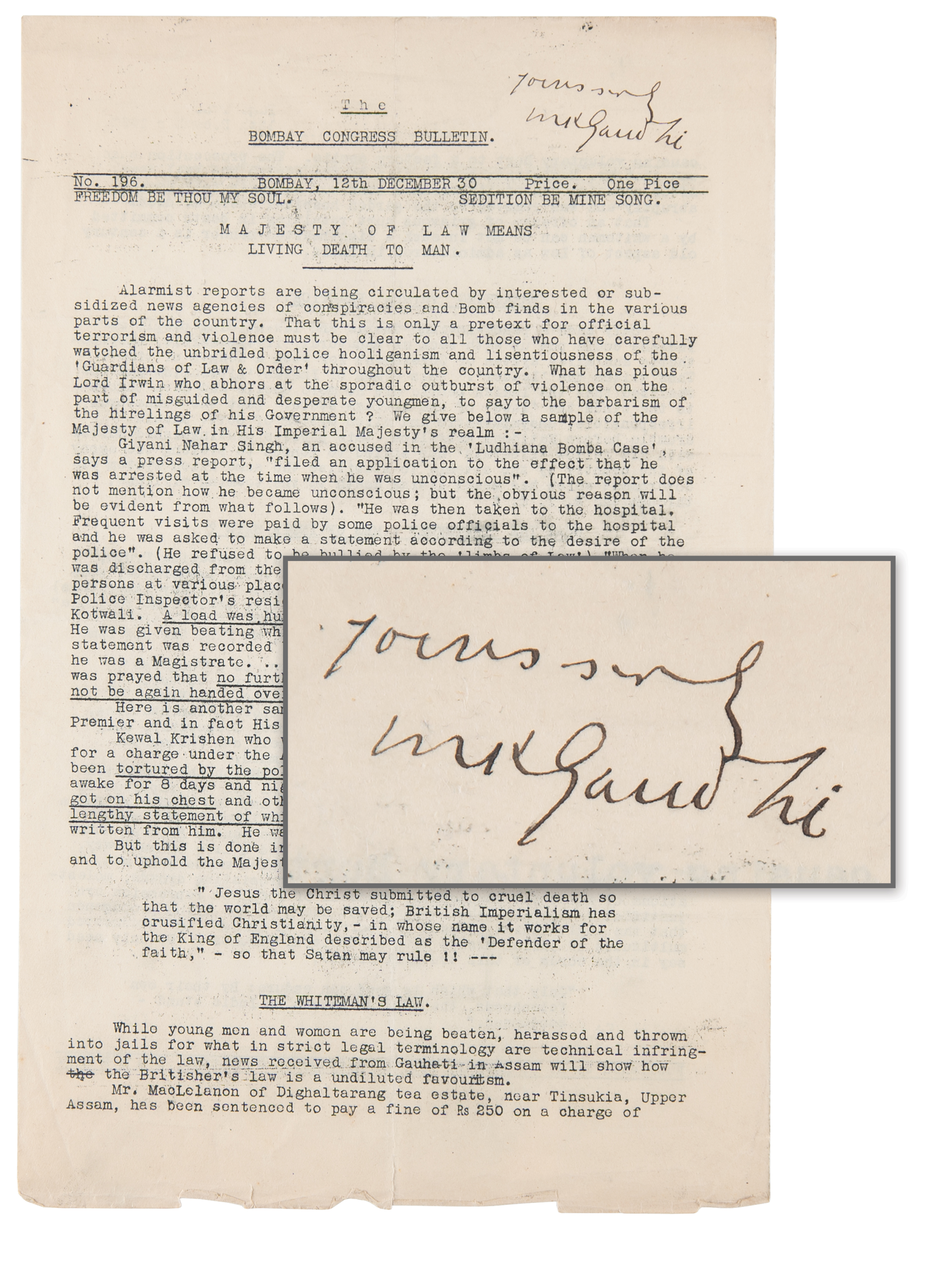 Lot #82 Mohandas Gandhi Signed 'Bombay Congress Bulletin' Circular (1930) - Image 1