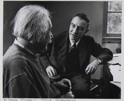 Lot #100 Robert Oppenheimer Signed Photograph with Albert Einstein, Taken by Alfred Eisenstaedt for Life Magazine - One of a Kind!