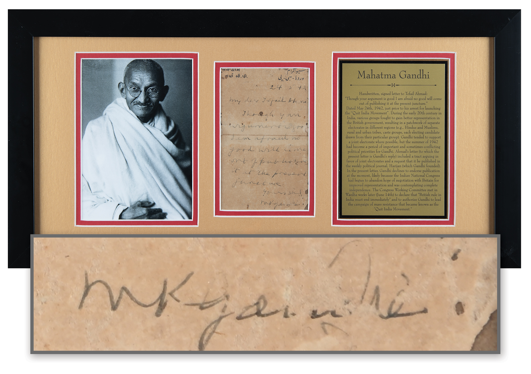 Lot #81 Mohandas Gandhi Autograph Letter Signed -written two weeks before his 'Quit India Movement' arrest - Image 1